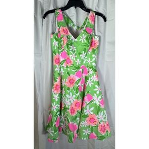 Lilly Pulitzer Dress Sz 0 Mini Green Pink Floral Fit & Flare A Line Circle Freja